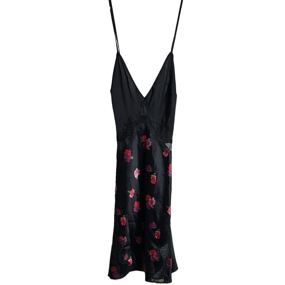 Victoria’s Secret Black Satin Floral Lace Slip Dress Chemise Womens S